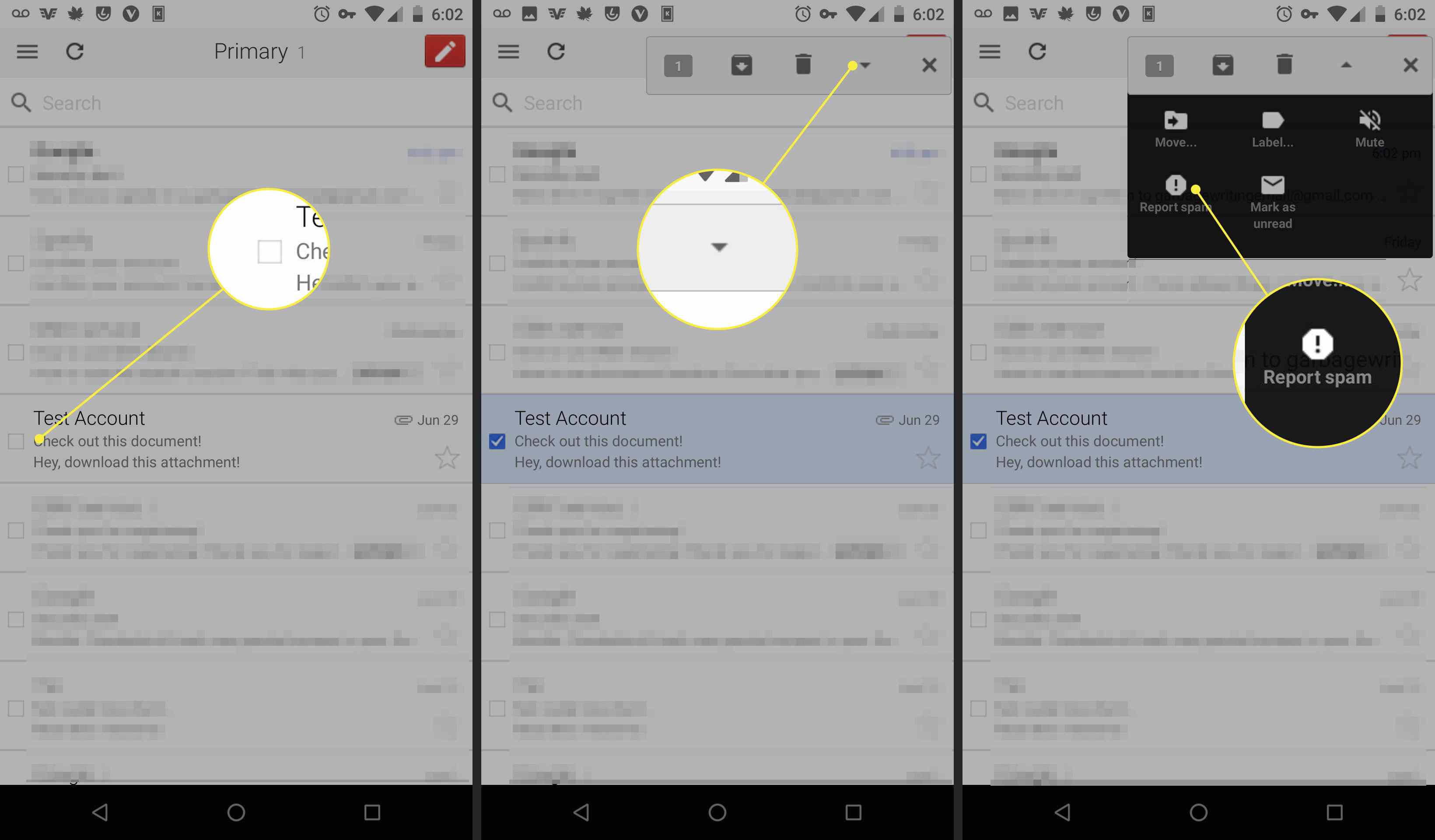 Skärmdumpar av Gmail-appen som visar hur du rapporterar ett meddelande som skräppost