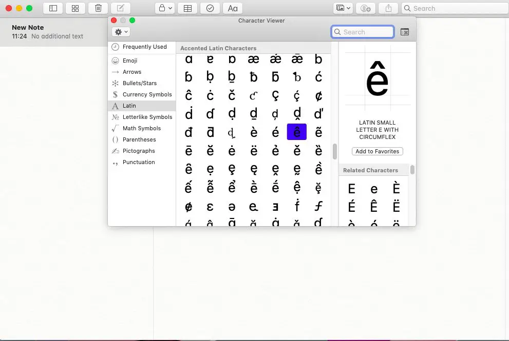 Accentbrevlista i Character Viewer i macOS