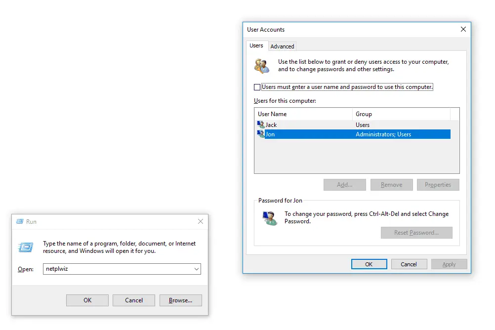 Skärmdump av fönstret Användarkonton och rutan Kör i Windows 10
