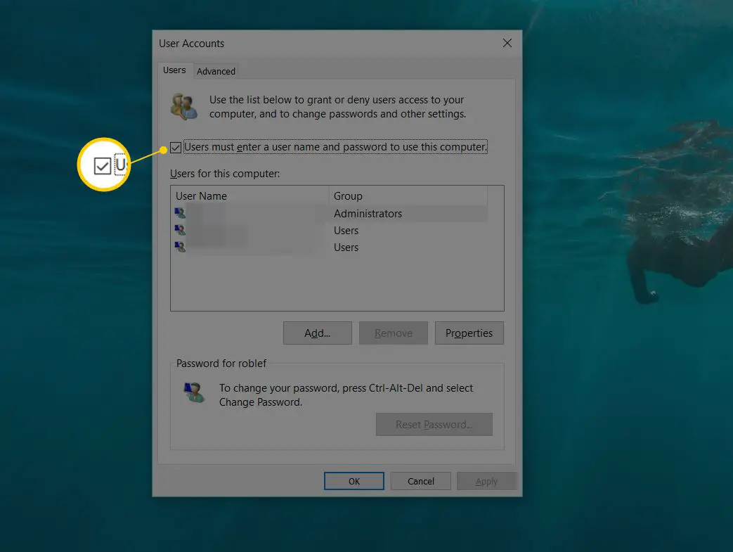 Kryssrutan bredvid Användare måste ange ett användarnamn och lösenord för att använda den här datorn i fönstret Användarkonton, Windows 10