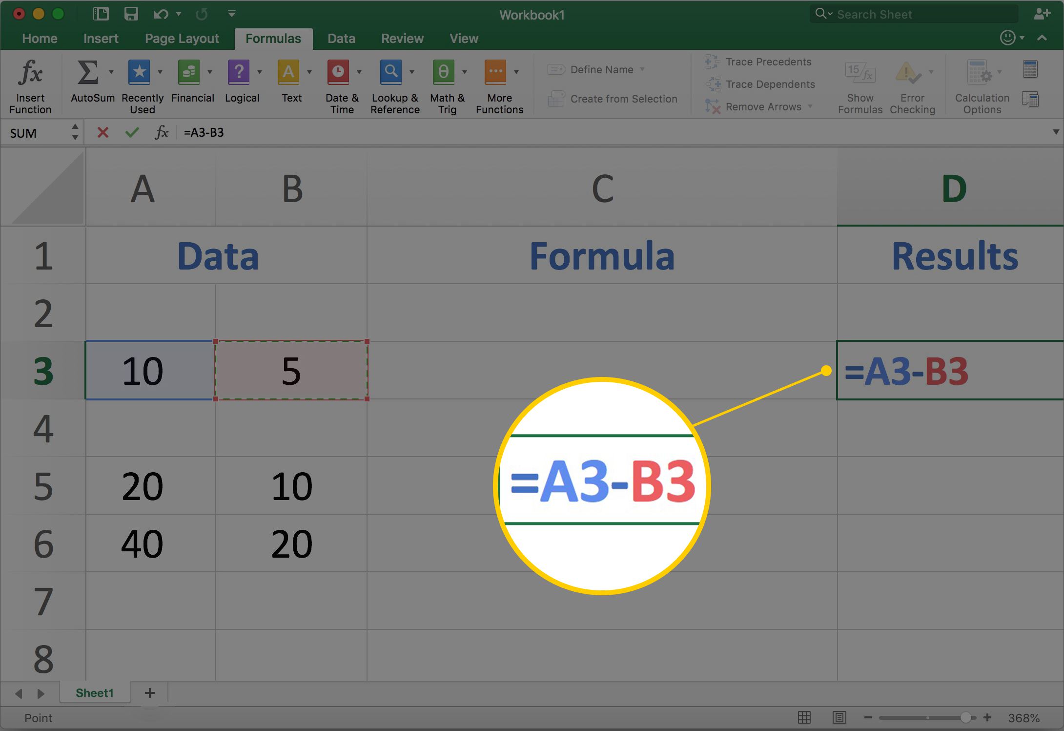 Formel = A3-B3 markerad på en skärmdump av Excel för Mac
