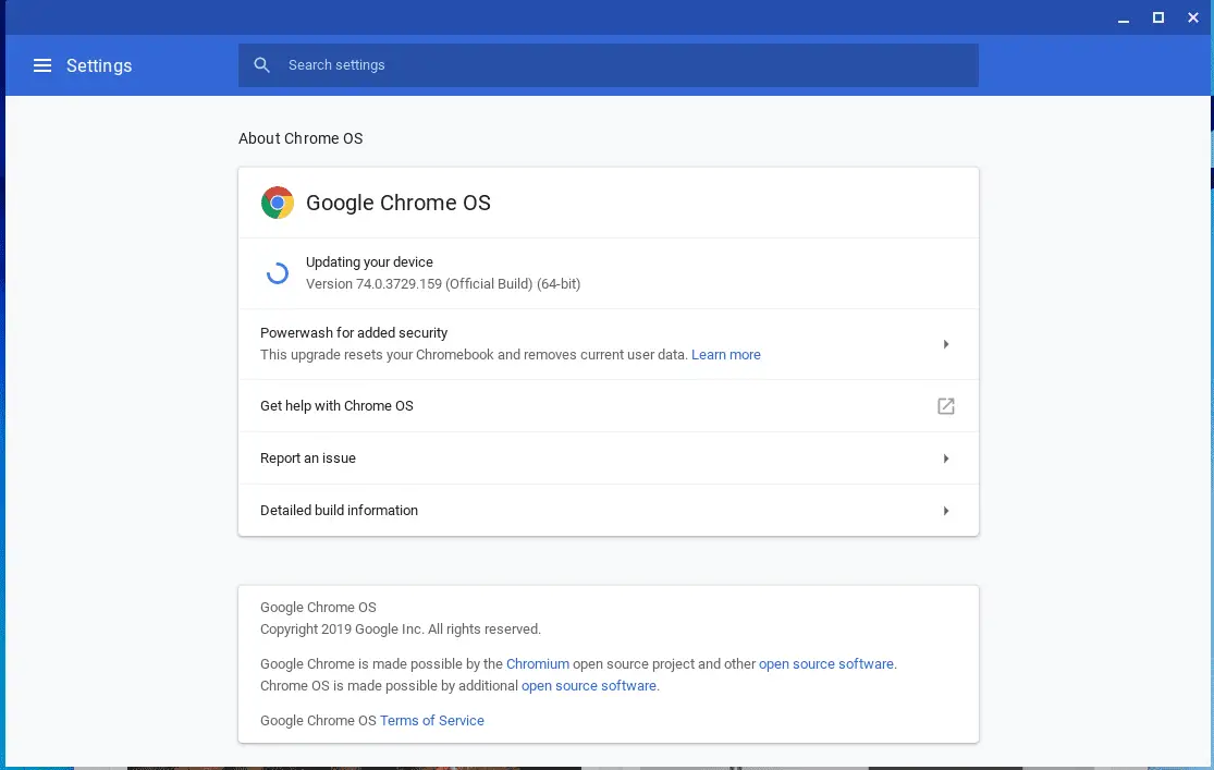 skärmdump av uppdatering av Chrome OS
