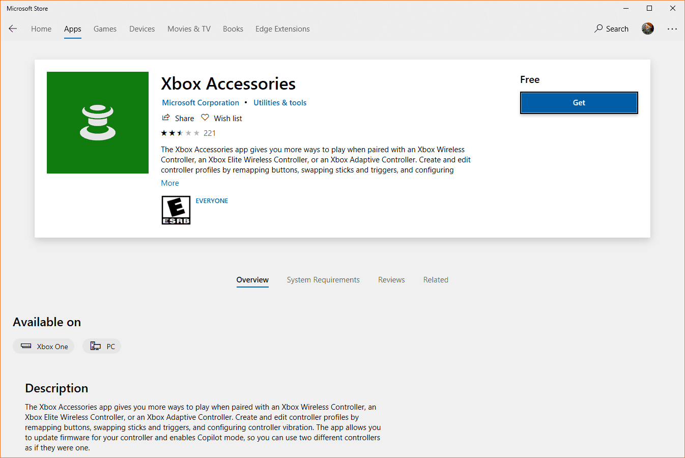 En skärmdump av appen Xbox Accessories i Microsoft Store.