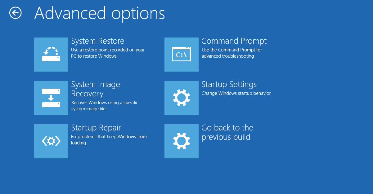 Menyn Avancerade alternativ i Windows 10