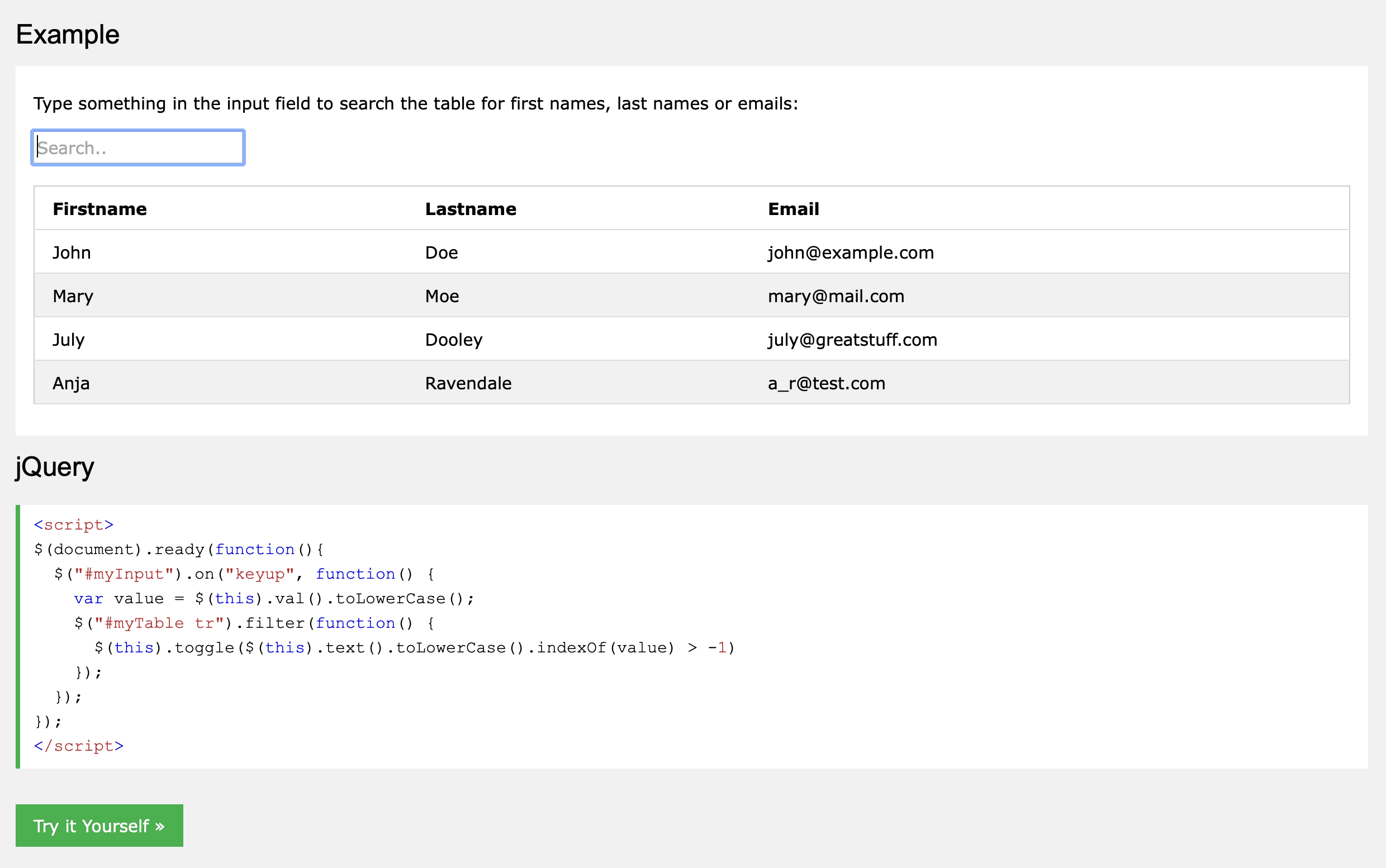 Kort JavaScript-kod som filtrerar en tabellista.