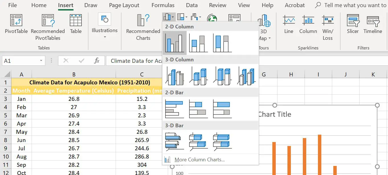 2-D klusterkolonndiagram valt från Excel-menyn