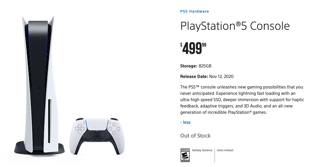 PS5-butiksidan från PlayStation Direct-webbplatsen som visar konsolen är slut i lager