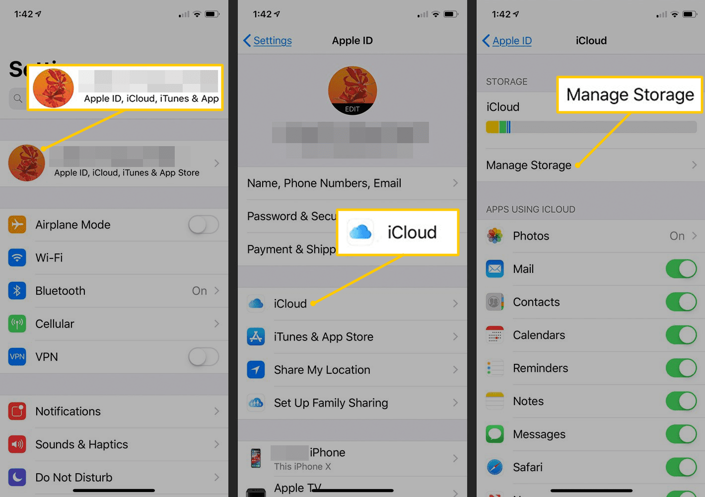 APple ID, iCloud, Hantera lagringsknappar i iOS-inställningar