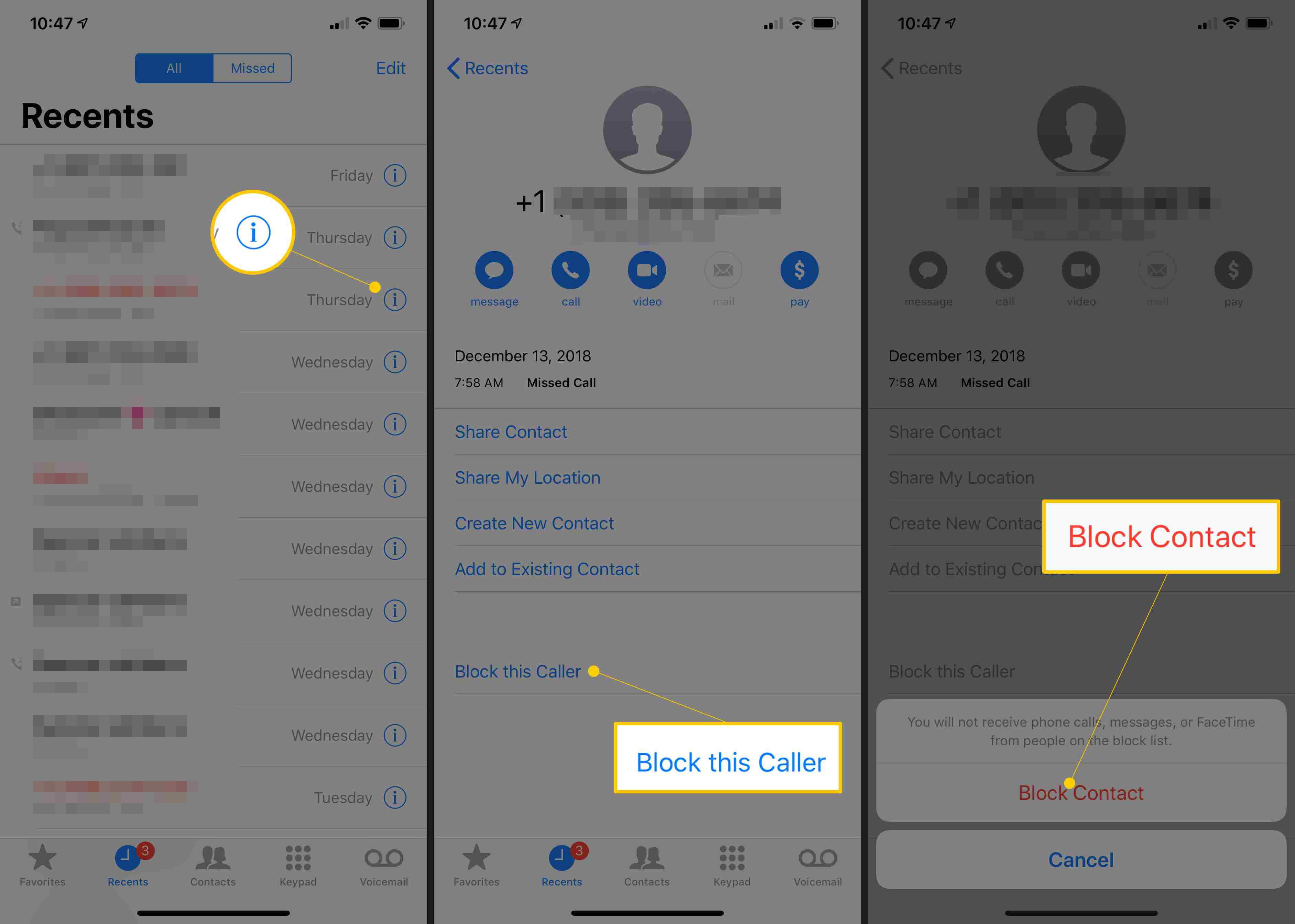 Tre iOS-skärmar som visar i (information) -knappen, Blockera den här samtalsknappen och Blockera kontaktbekräftelse