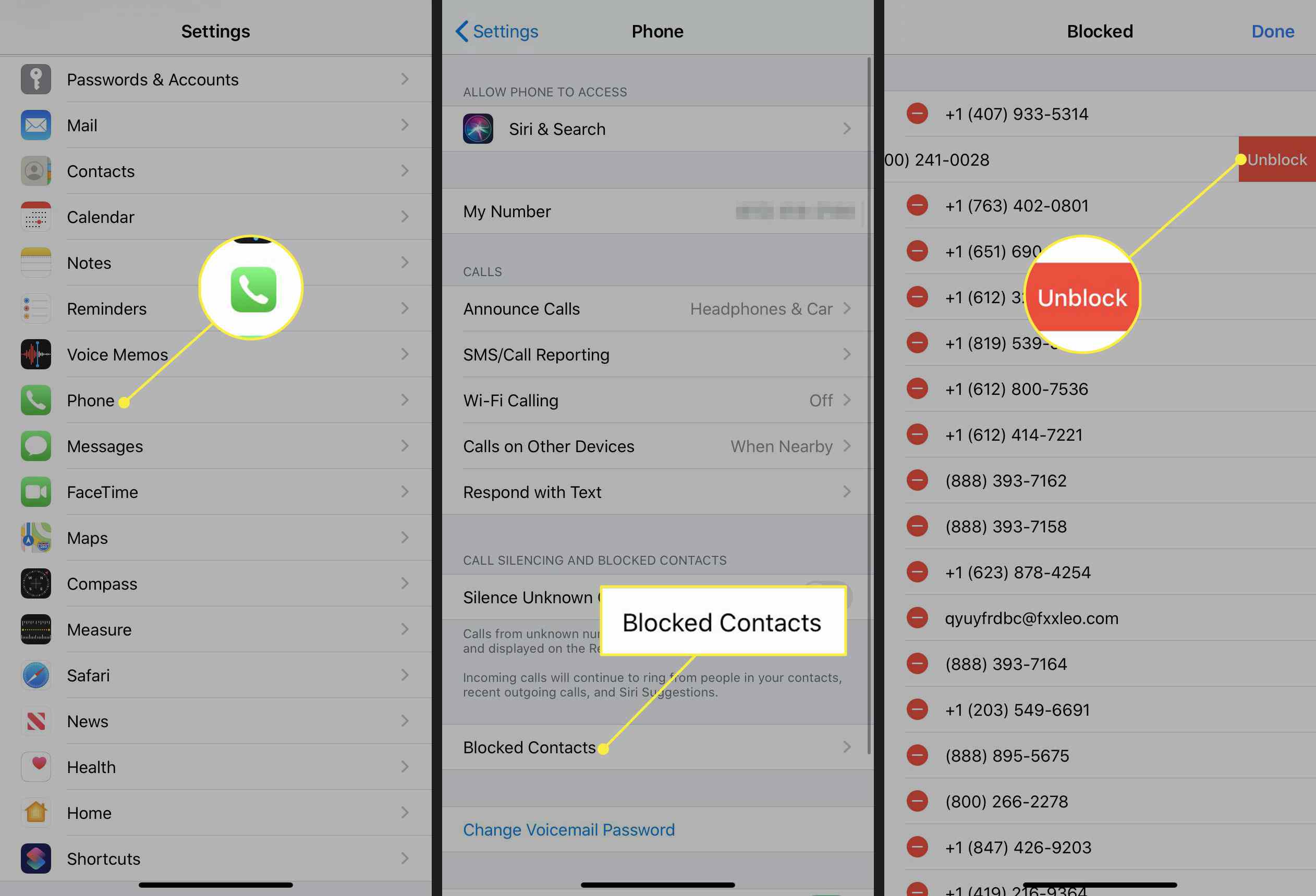 En iPhone med telefoninställningarna, rubriken Blockerade kontakter och Unblock-knappen markerad