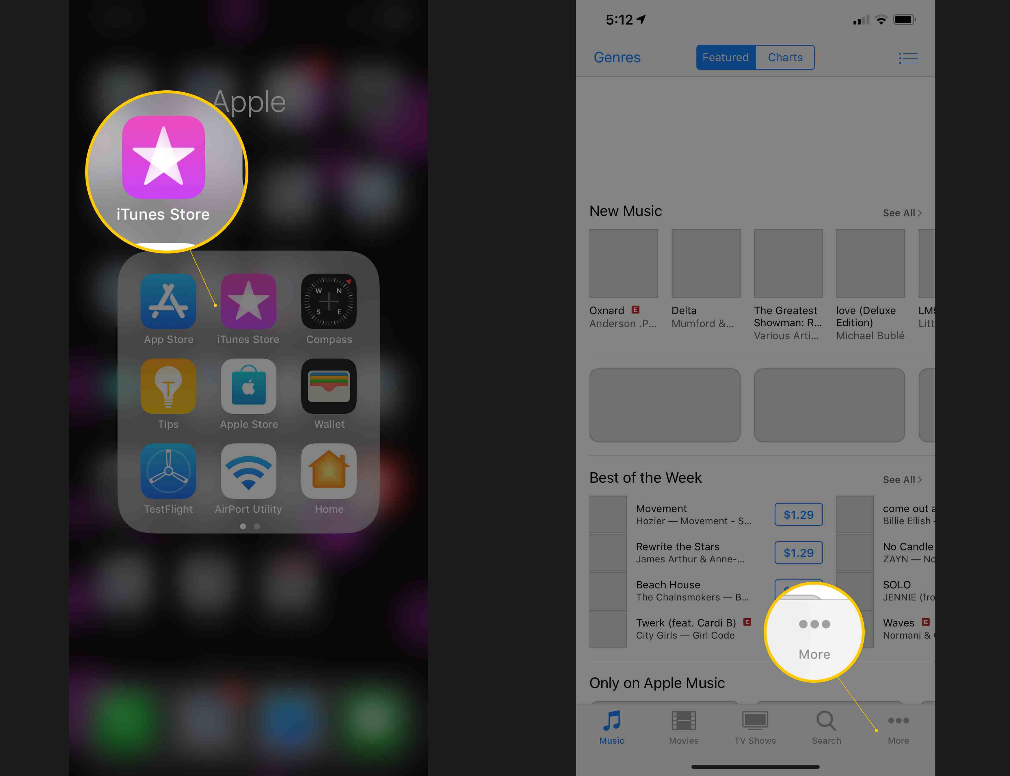 Två iOS-skärmdumpar som visar iTunes Store-ikonen och knappen Mer