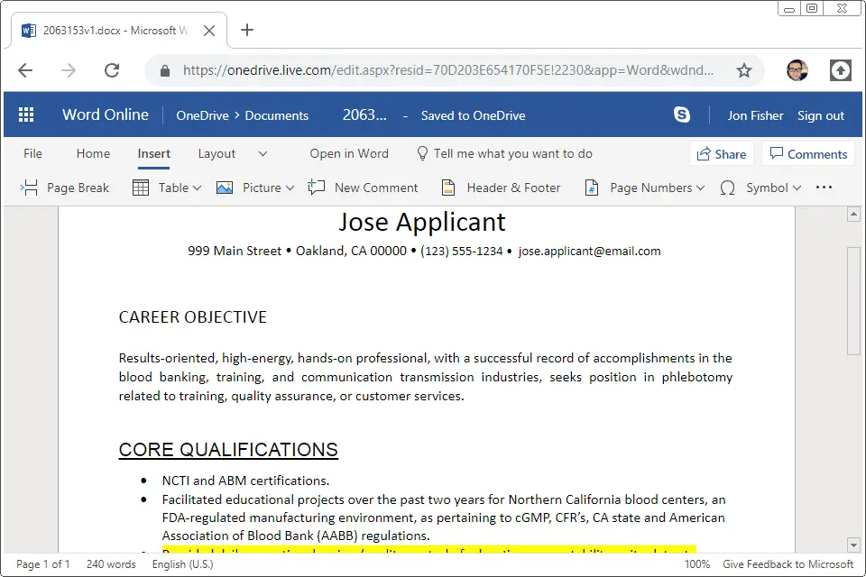 Skärmdump som visar en DOCX -fil som är öppen online med Microsoft Word Online