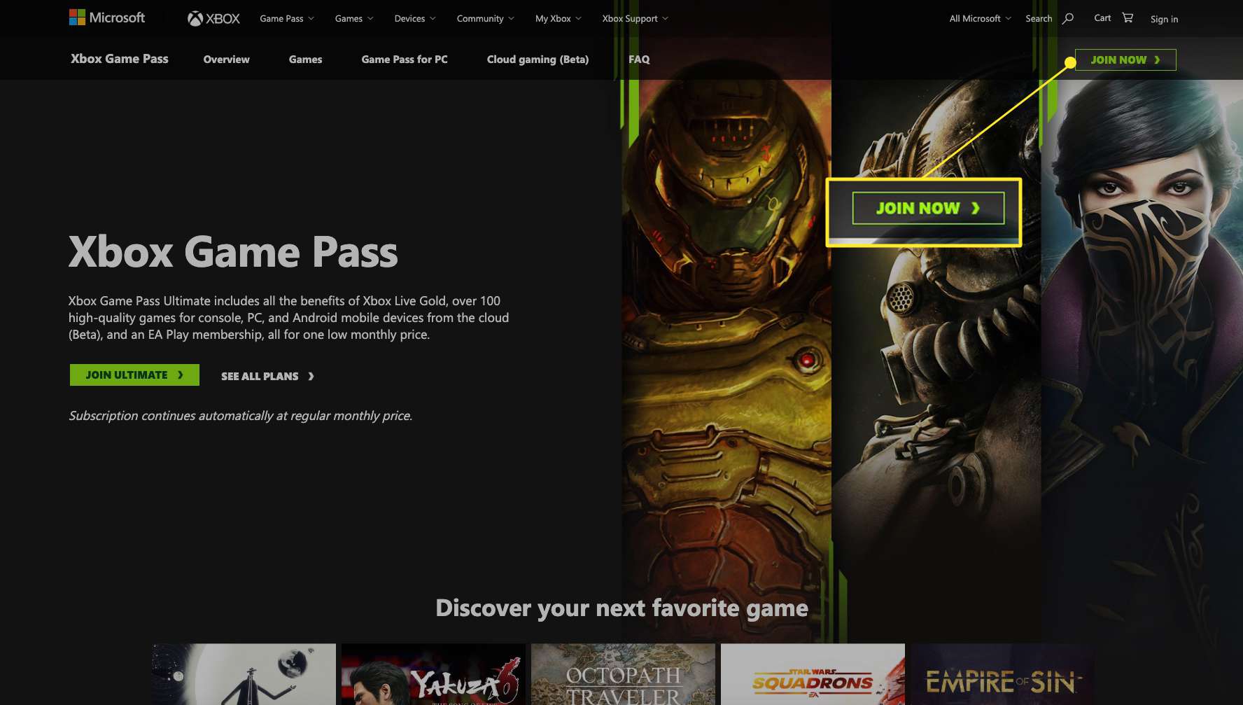 Xbox Game Pass-webbplats med Gå med nu markerad