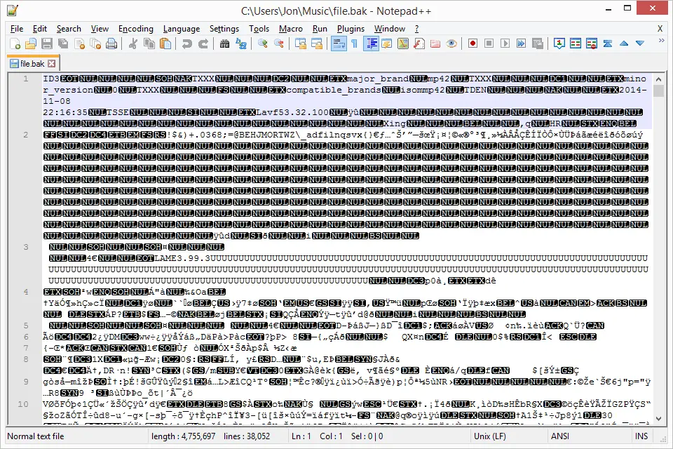 Skärmdump av en BAK-fil som är öppen i Notepad ++ som visar ID3-texten