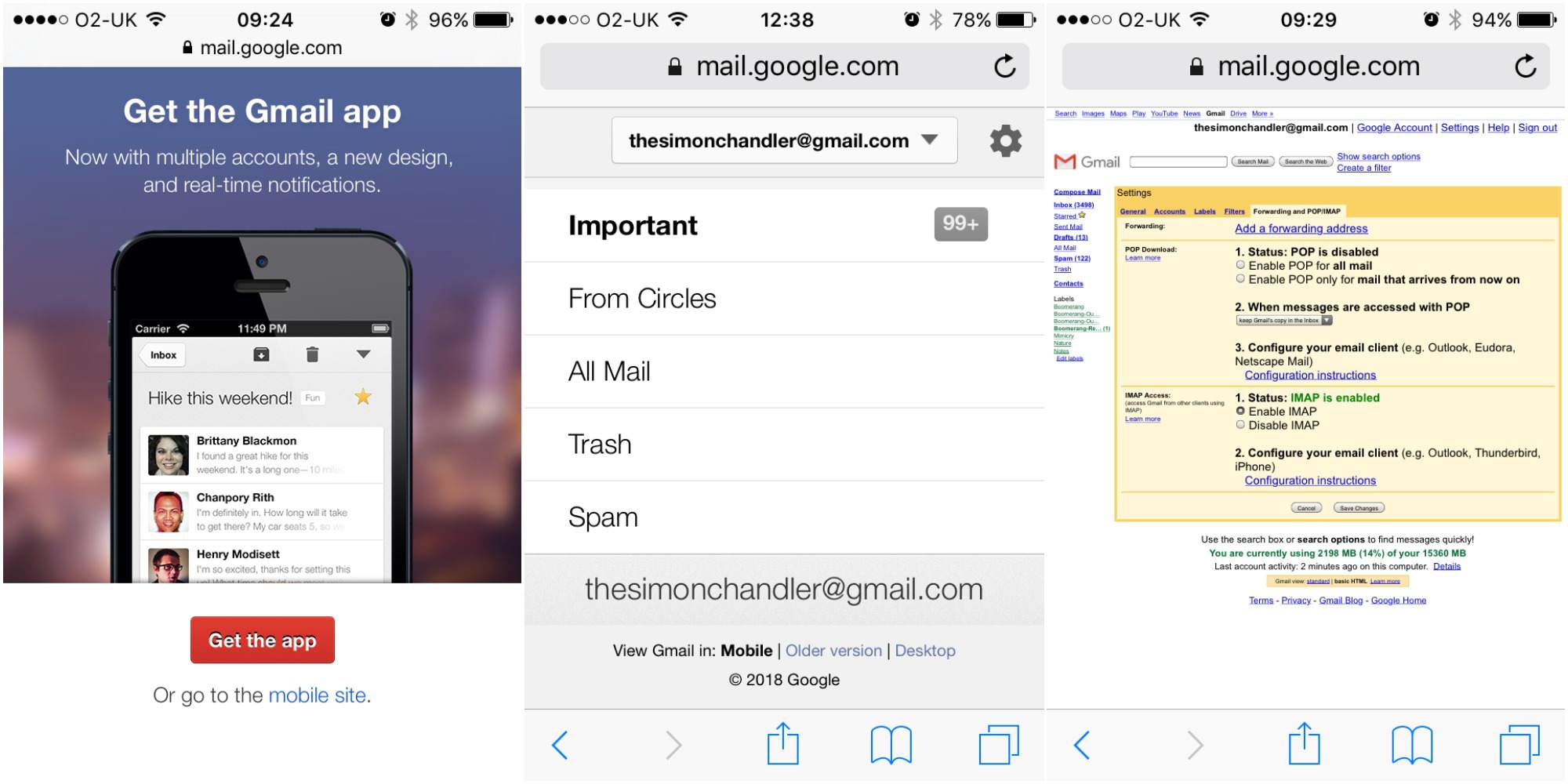 Skärmdumpar av Gmails mobilwebbplats