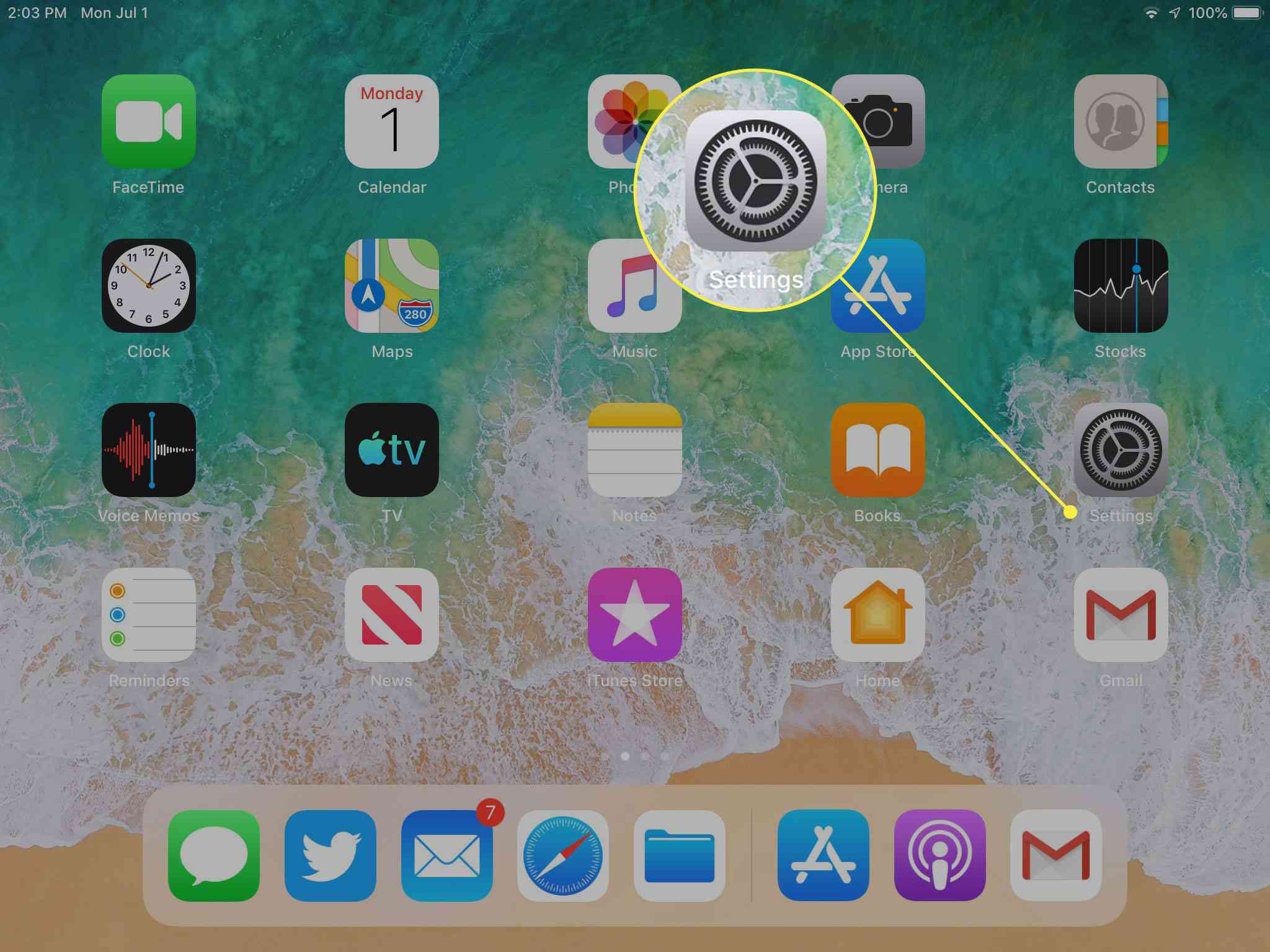 En iPad-startskärm med ikonen Inställningar markerad