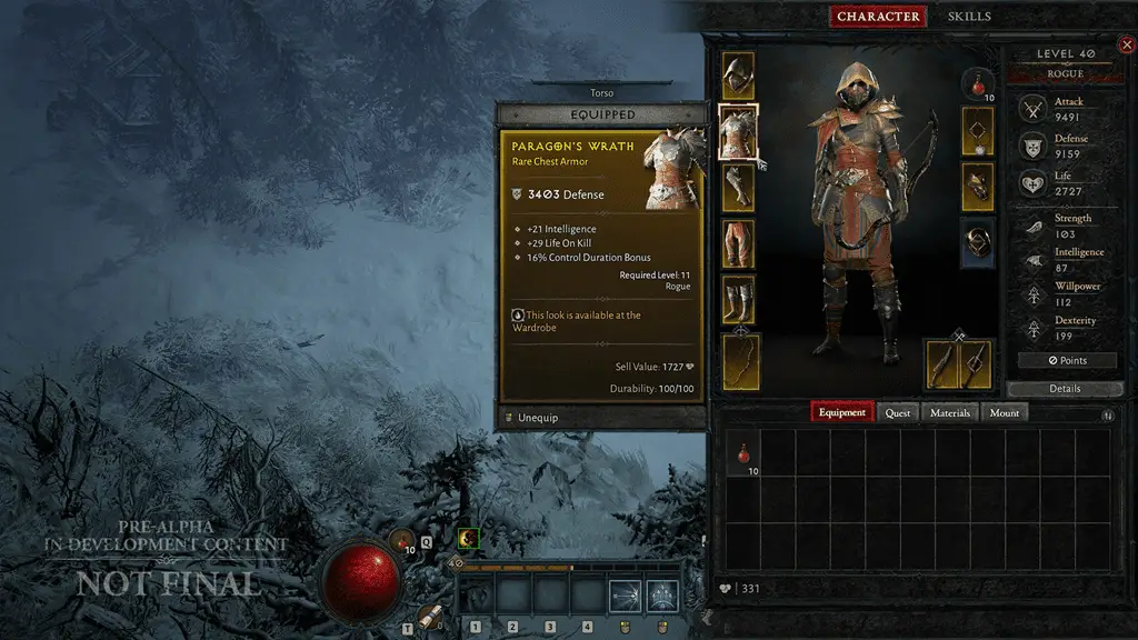 Diablo IV karaktär inventering skärm