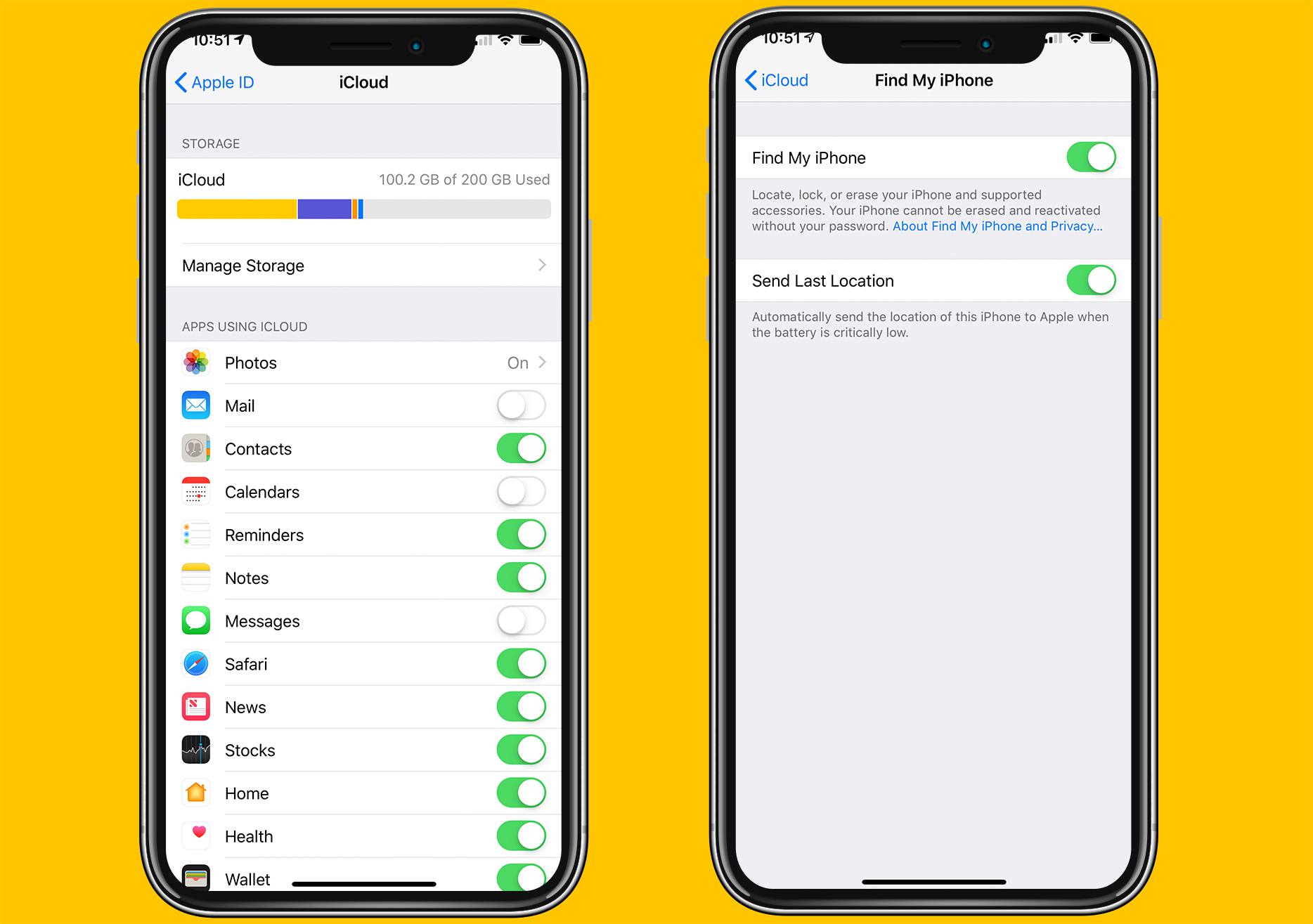 Två iPhone-skärmar som visar iCloud- och Find My iPhone-skärmar
