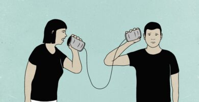 illustration of couple communicating through tin can phones against colored background 723501399 5ab191543de4230036a27691
