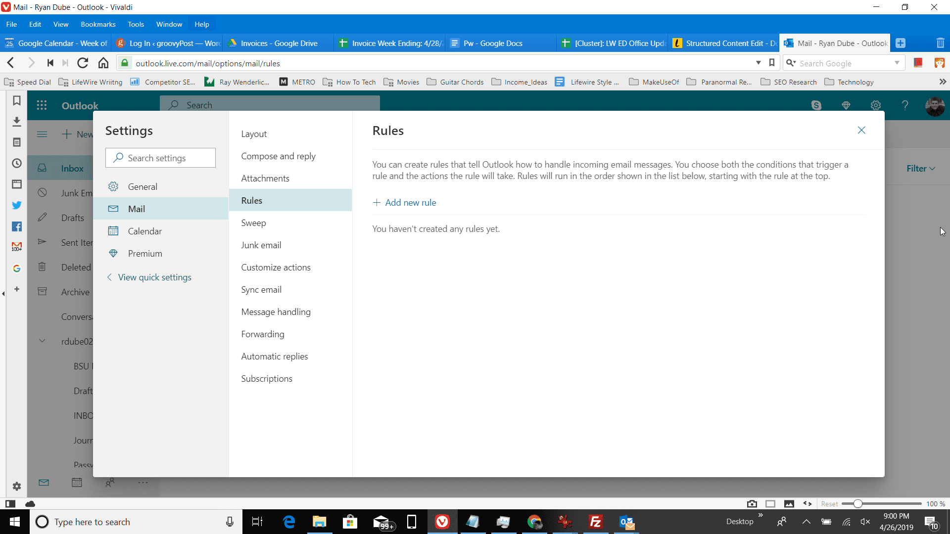 Skärmdump av regler i Outlook-inställningar