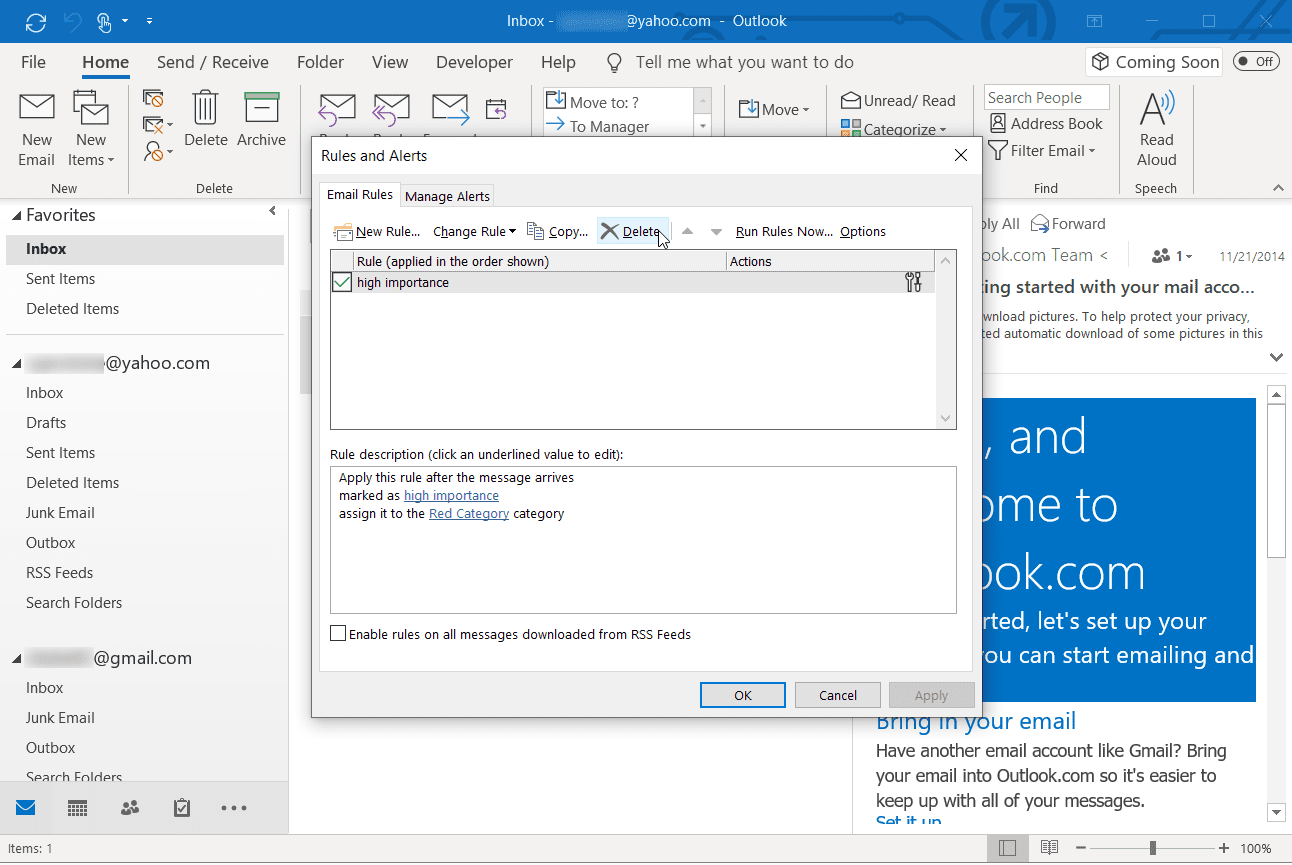 Skärmdump för hantering av regler på Outlook-skrivbordet