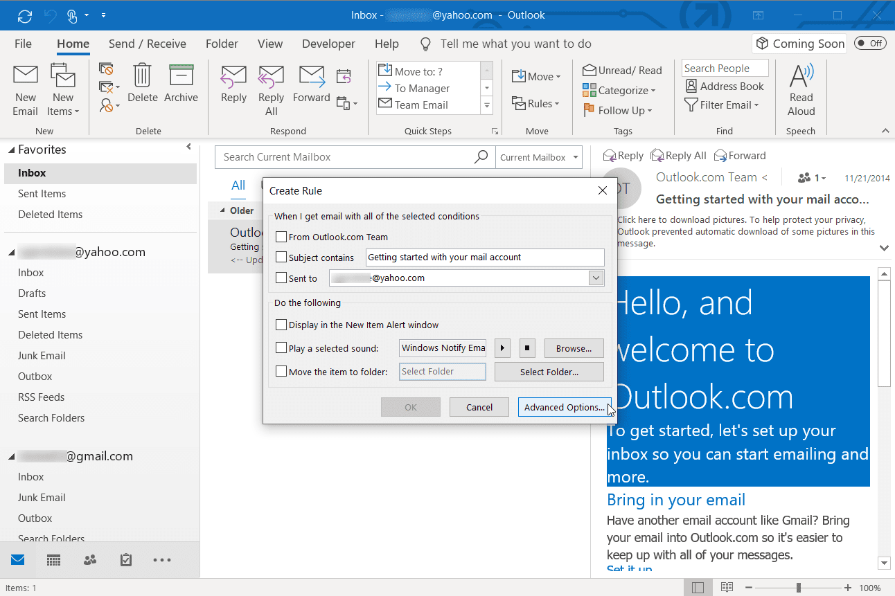 Skärmdump för att välja Avancerade alternativ på Outlook-skrivbordet