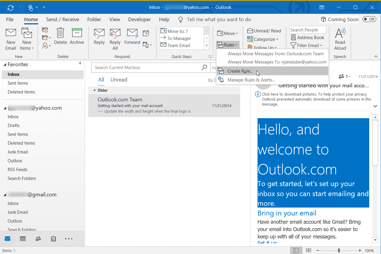 Skärmdump för att skapa en regel i desktop-Outlook