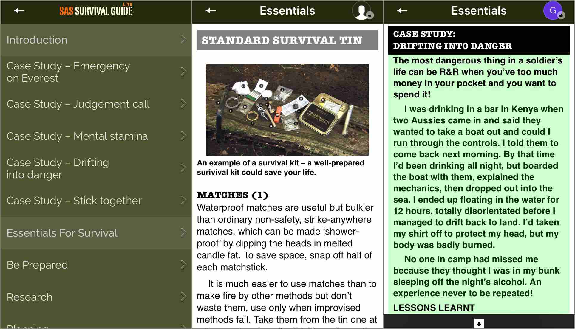 Skärmdumpar av iPhone-appen SAS Survival Guide