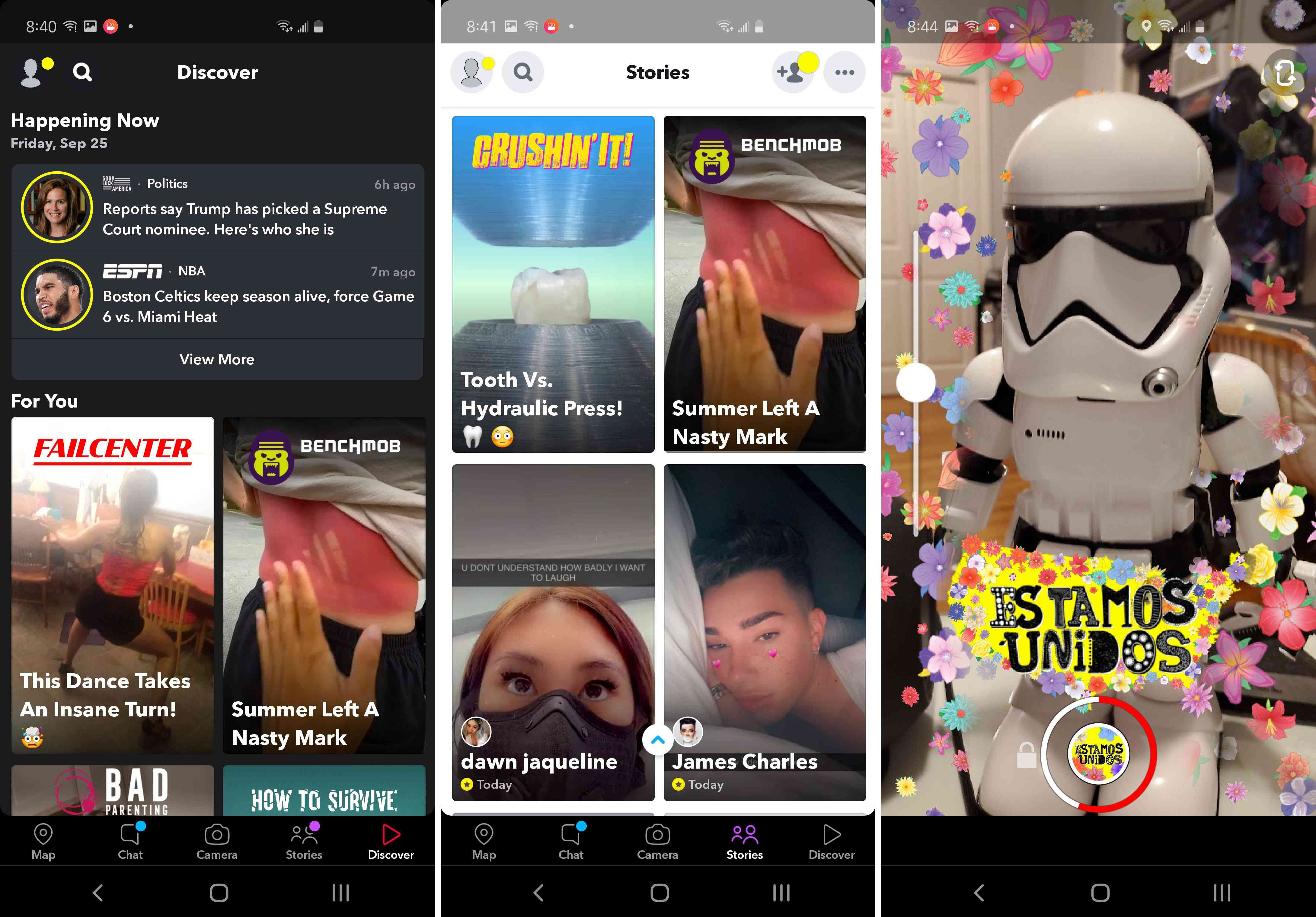 Tre vyer av Snapchat-appen