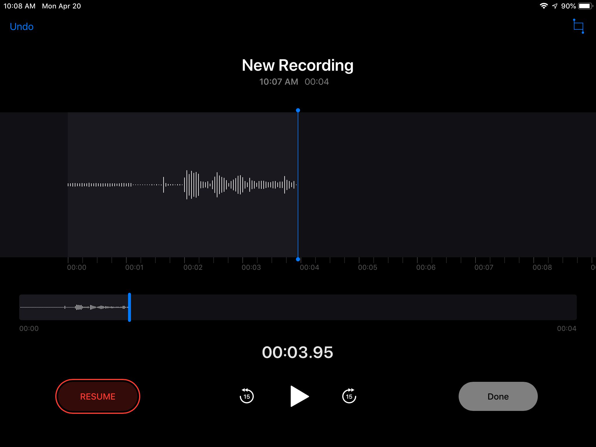 Inspelningsskärm för Voice Memos-appen på iPad