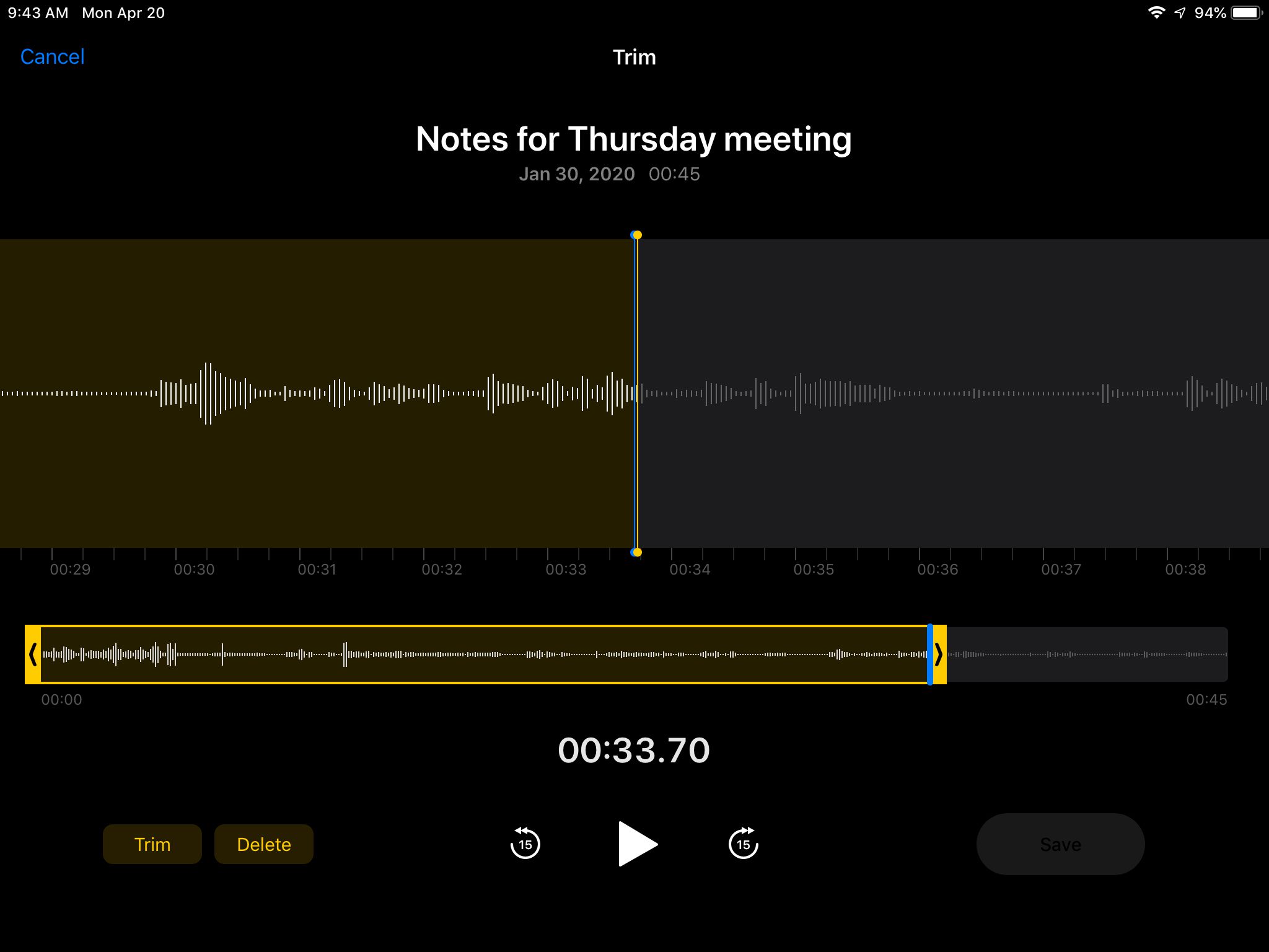 Trimskärmen för röstmemo-appen på iPad