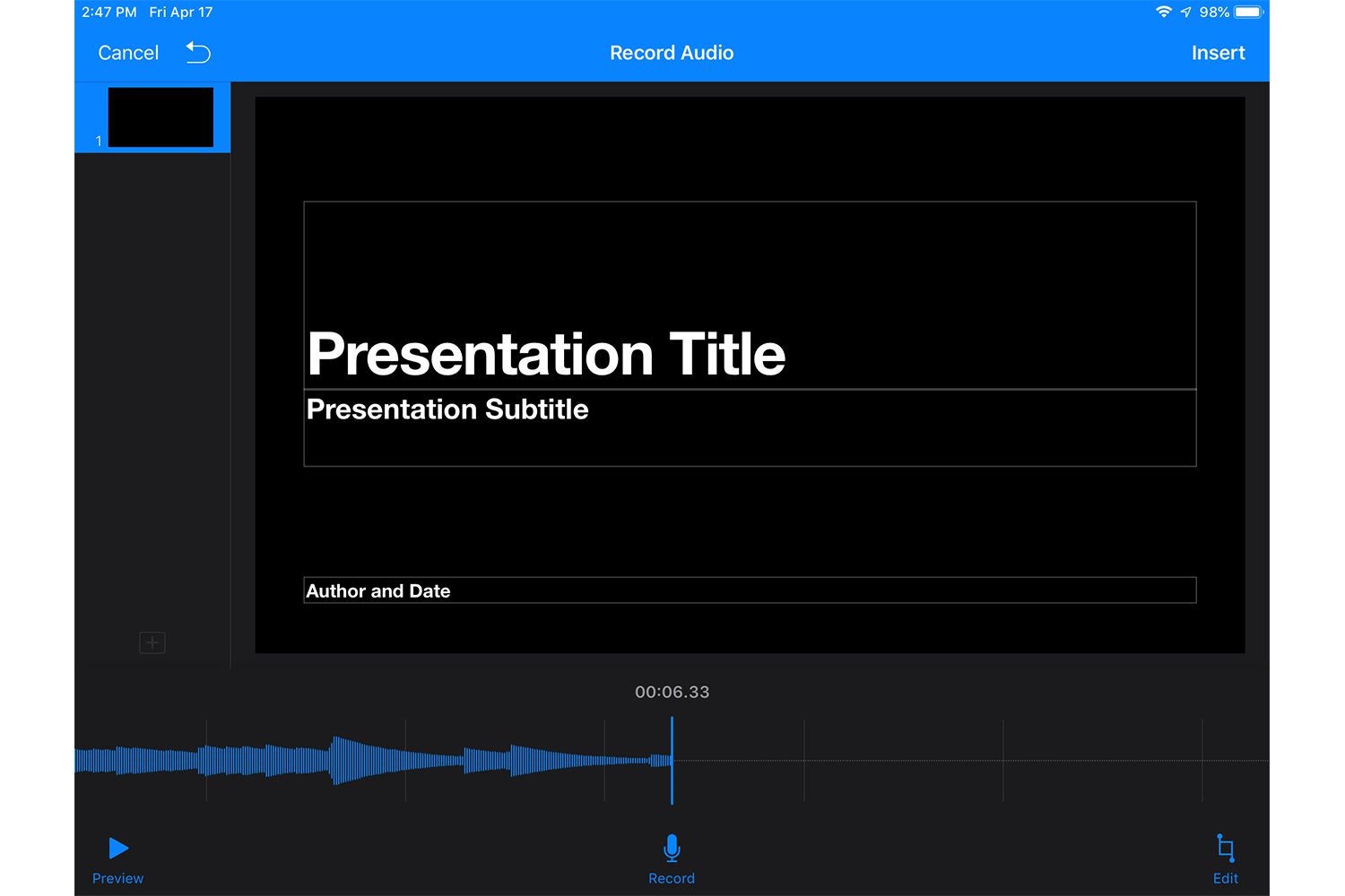 Inspelningsskärm i Keynote för iPad
