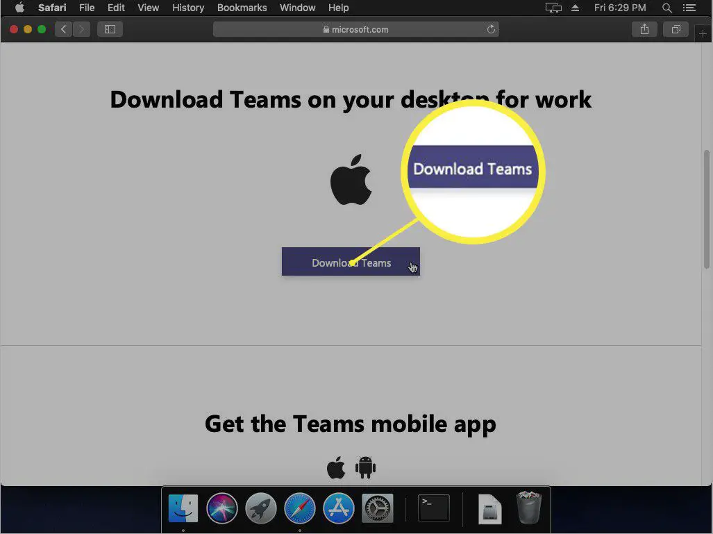 Knappen Ladda ner team markerad på Microsofts webbplats.