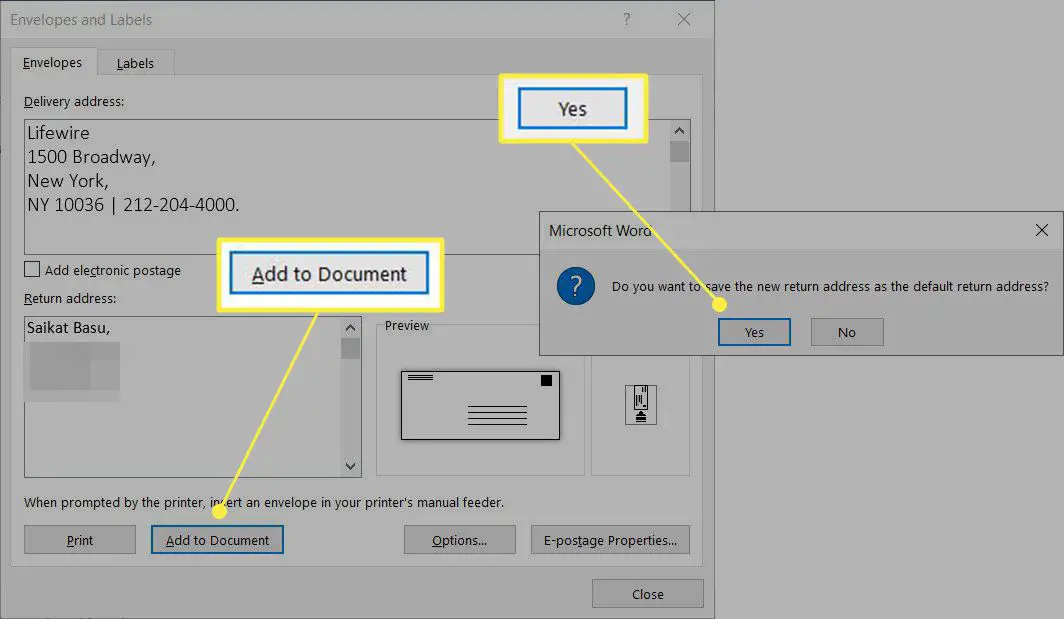 Word Kuvert fliken "Lägg till i dokument" och "Ja" markeras