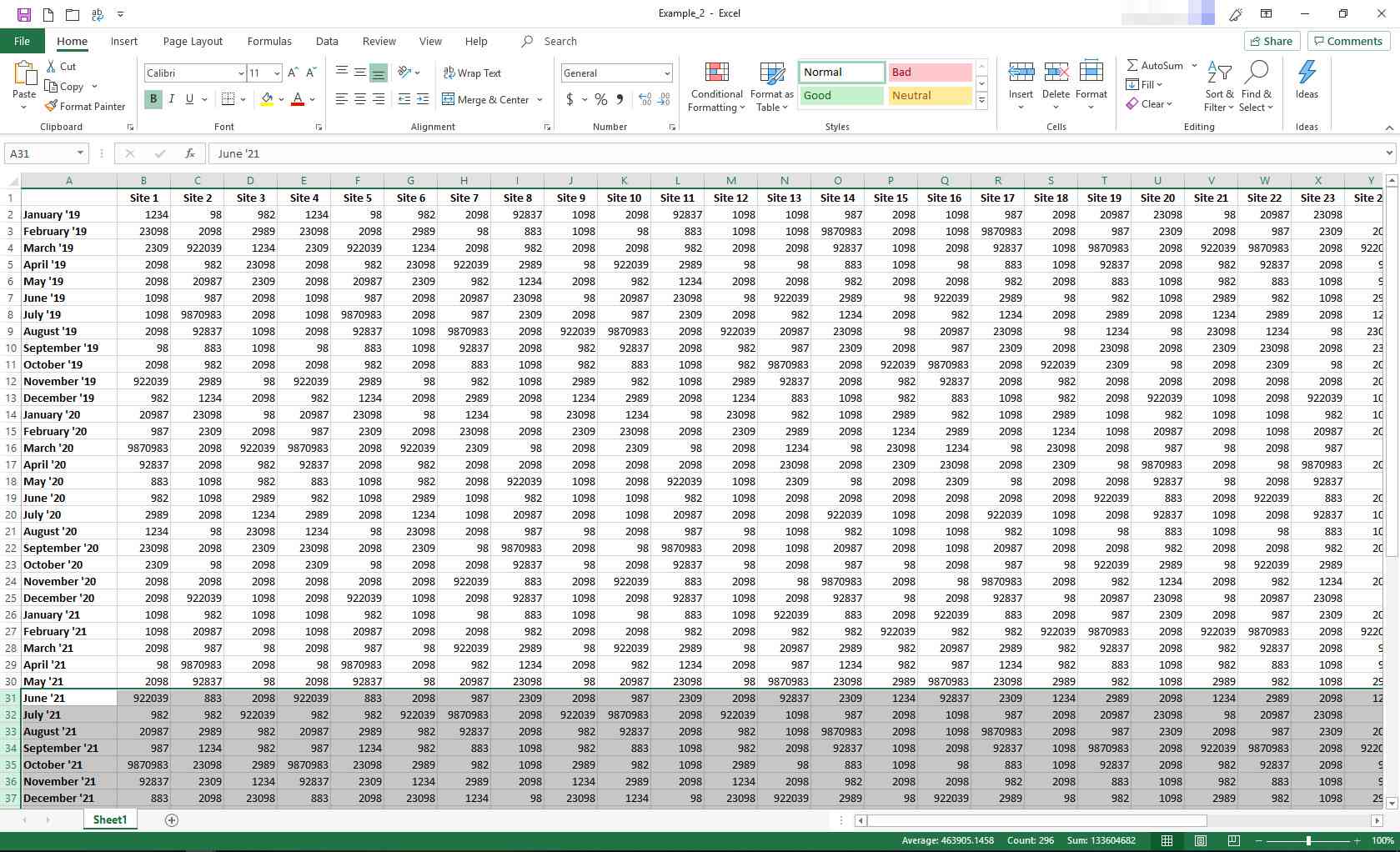 Excel med valda rader 31 och nedan