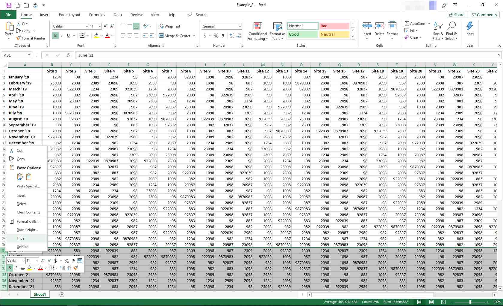 Excel med snabbmenyn visas