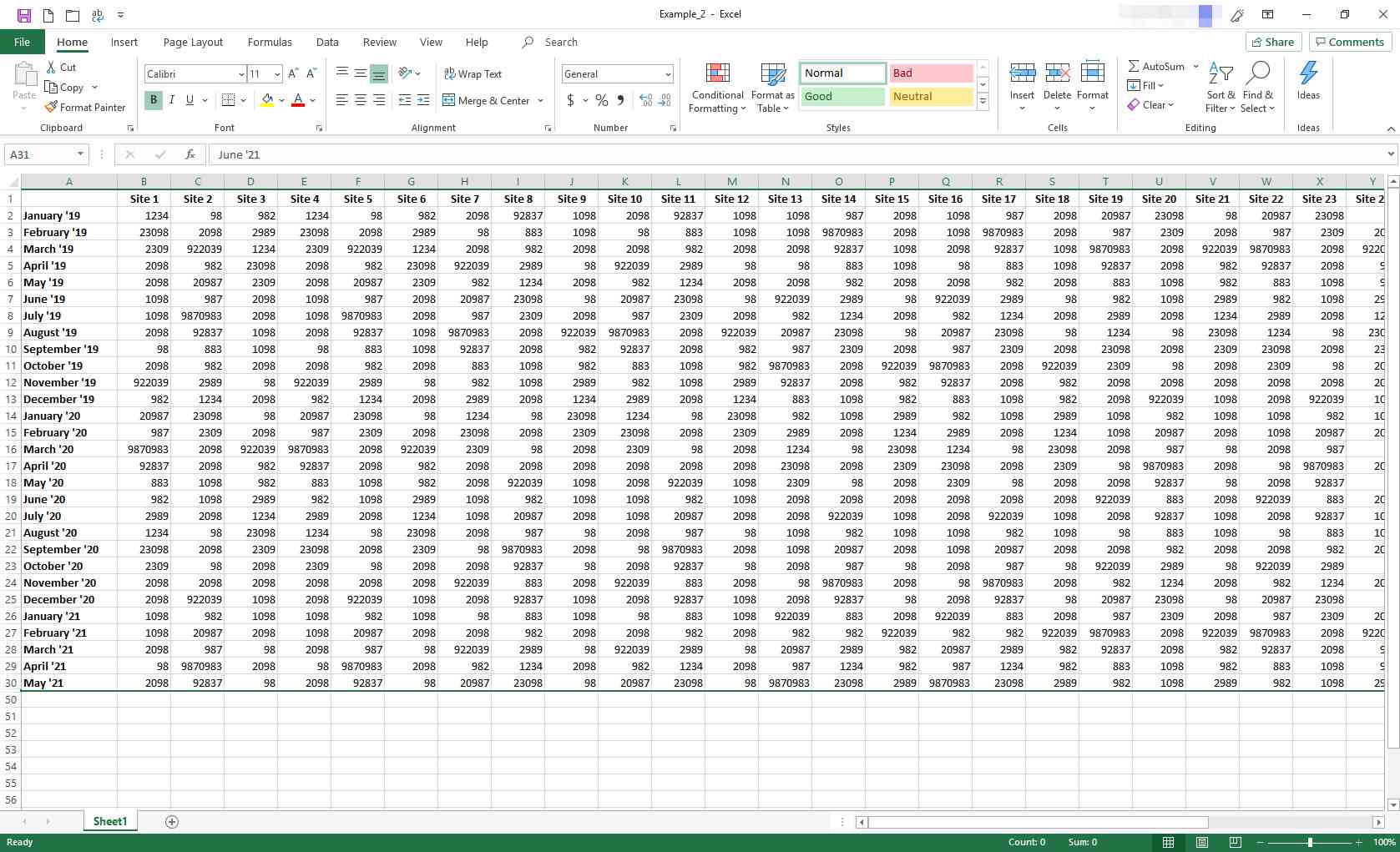 Excel-kalkylblad med begränsade rader som visas