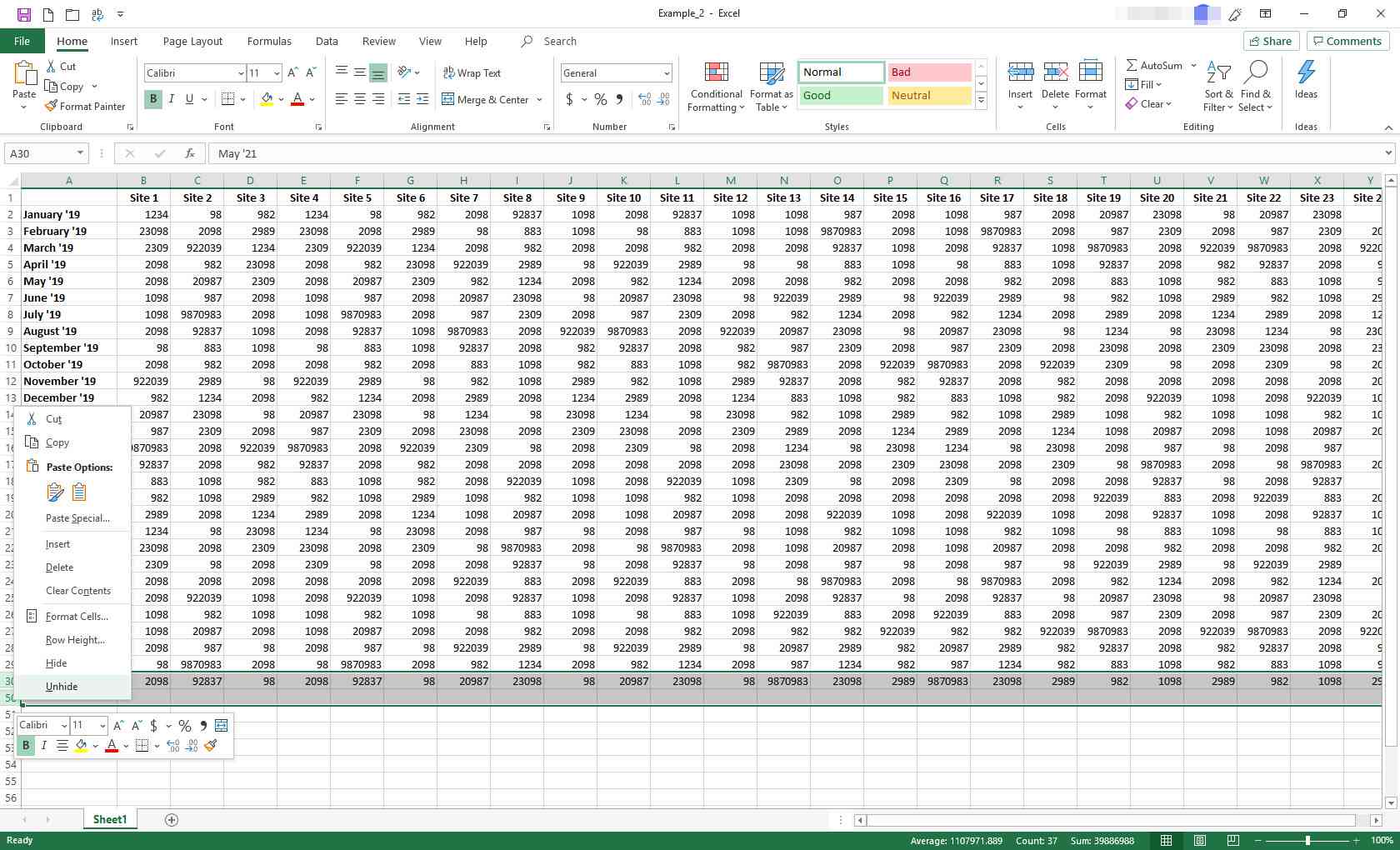 Excel med snabbmenyn visas