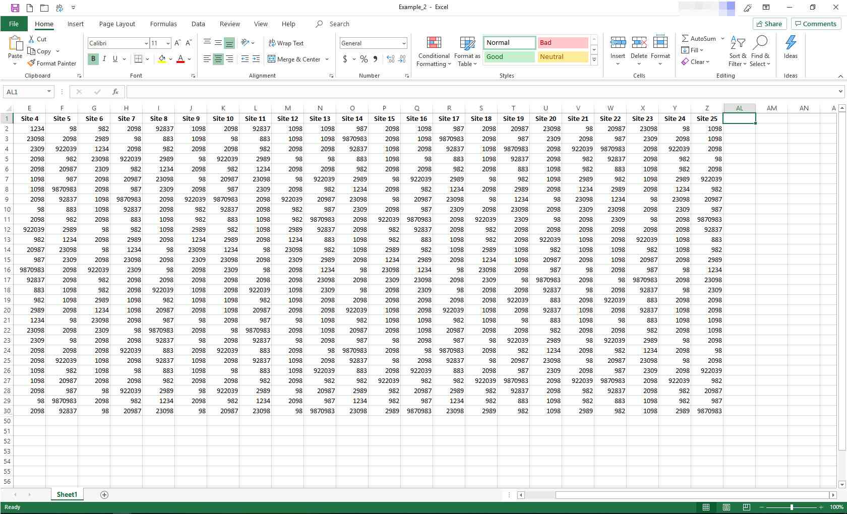Excel-kalkylblad med några dolda kolumner