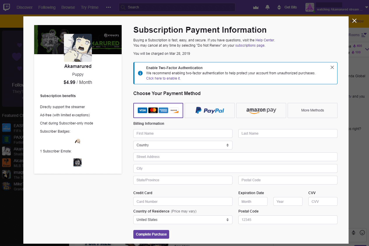 Twitch-prenumerationssida för betalning för Akamarured