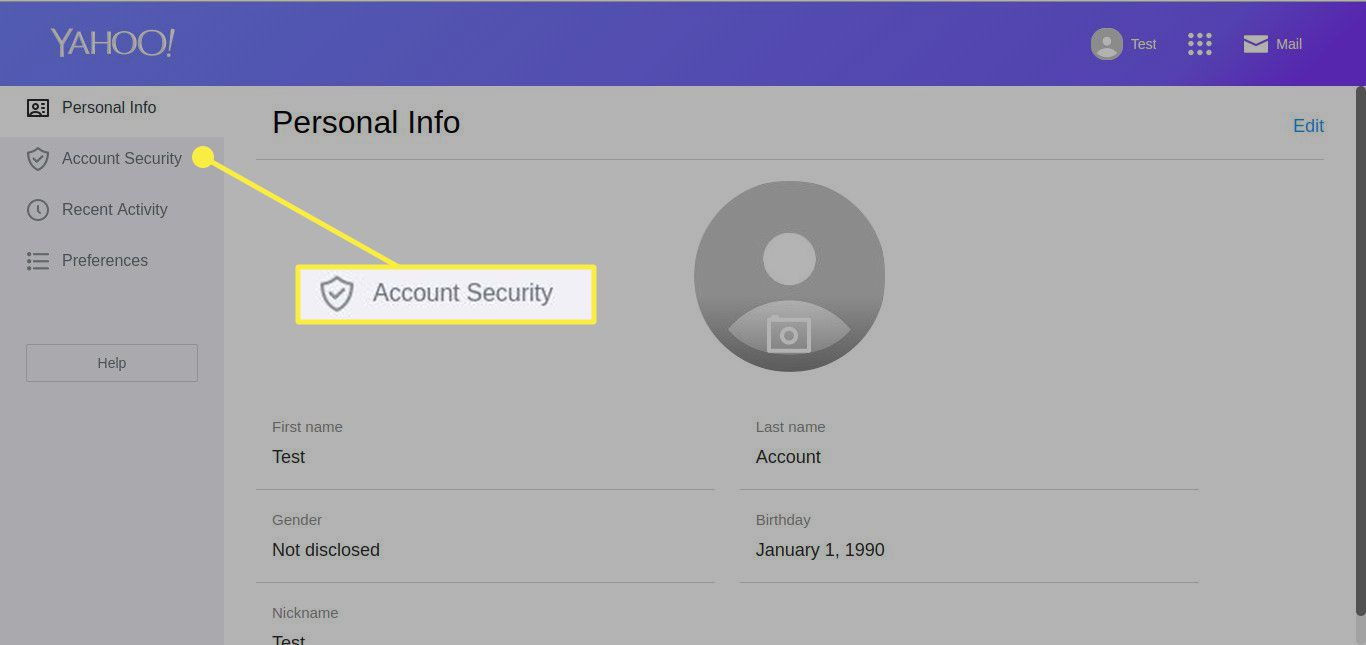 En skärmdump av Yahoo Mail-inställningar med avsnittet Kontosäkerhet markerat