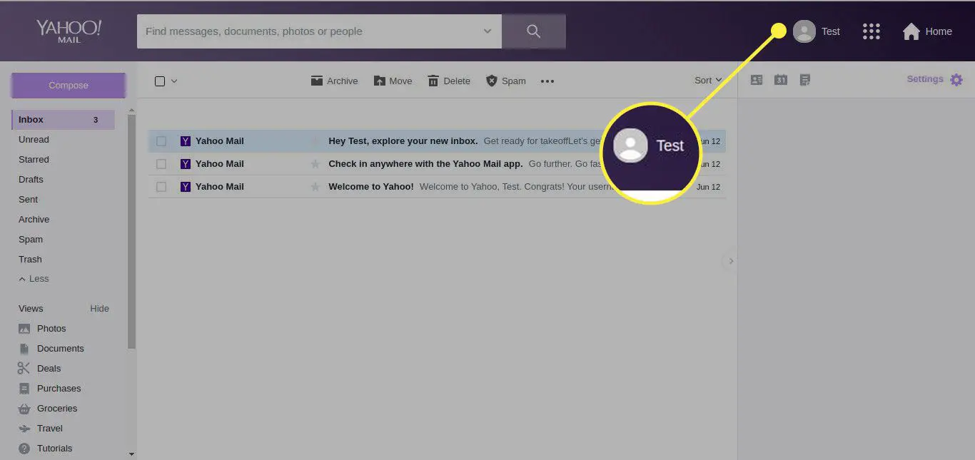 En skärmdump av en Yahoo Mail-inkorg med profilikonen markerad