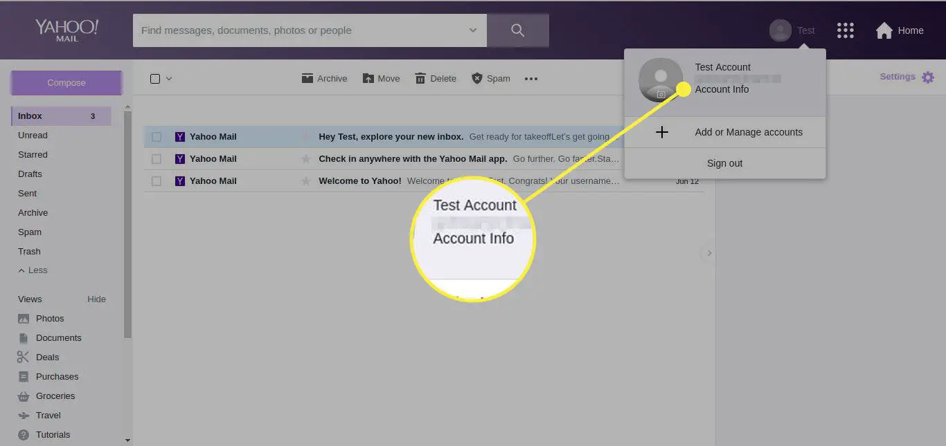 En skärmdump av Yahoo Mail med länken Kontoinfo markerad