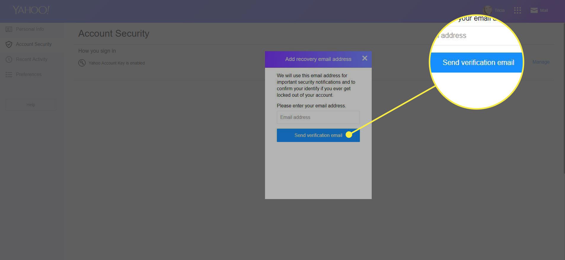 En skärmdump av Yahoos kontosäkerhetsskärm med "Skicka bekräftelsemail" knapp markerad