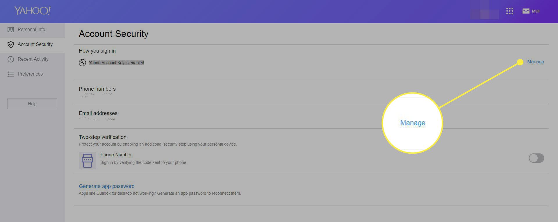 En skärmdump av Yahoo Mails kontosäkerhetsskärm med länken Hantera markerad
