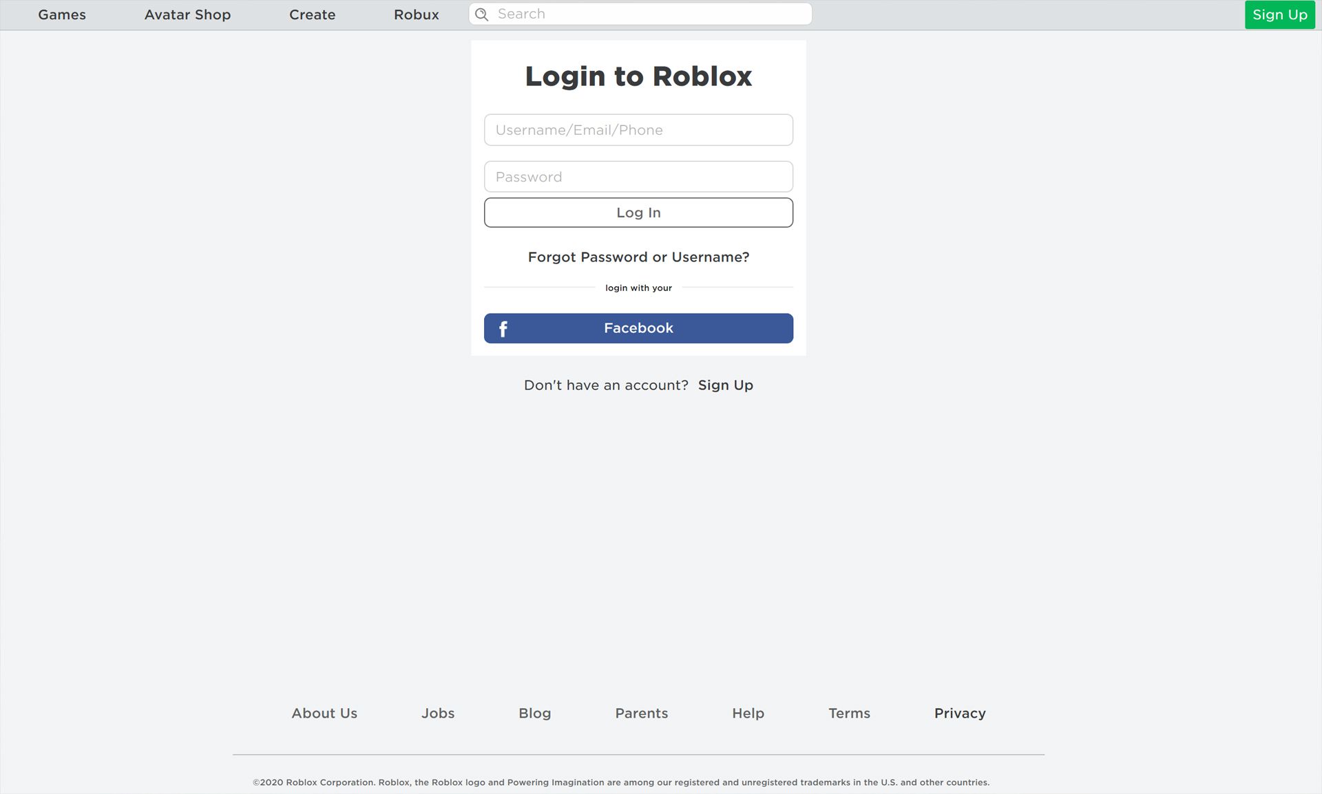 Roblox webbplats för videospel.