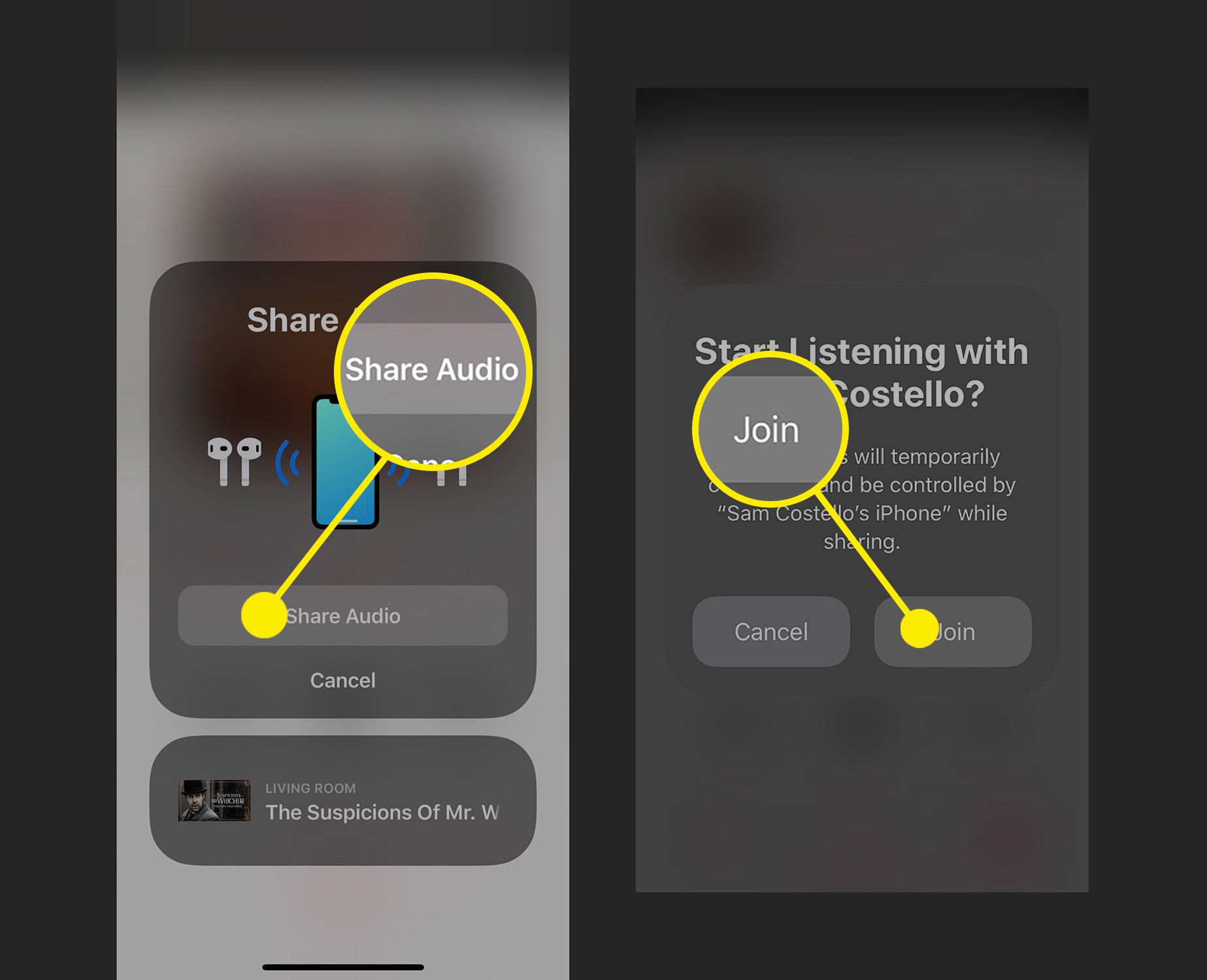 Skärmdumpar för att dela ljud med AirPods som redan är anslutna till en annan iPhone