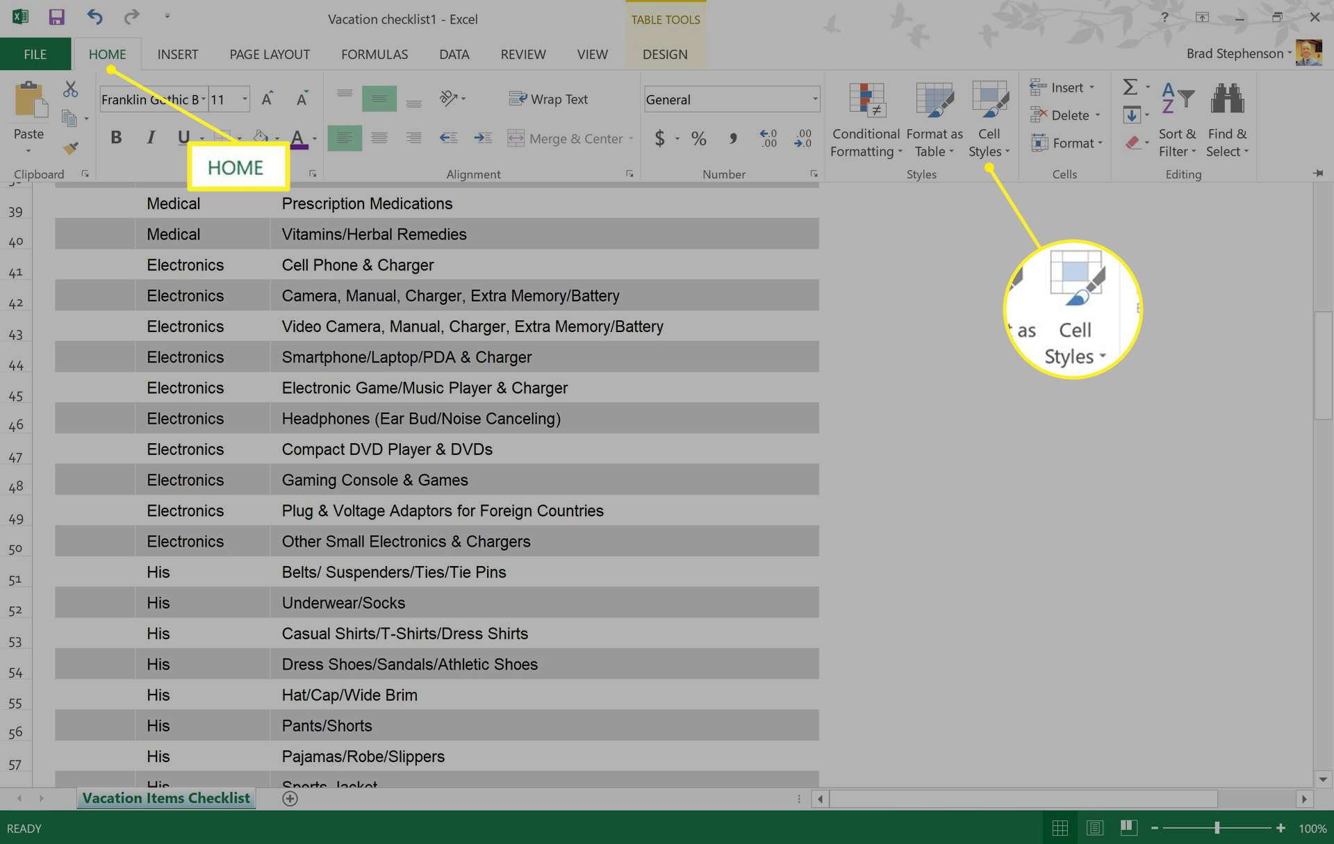 Fliken Hem på Excel med Cellstilar markerad