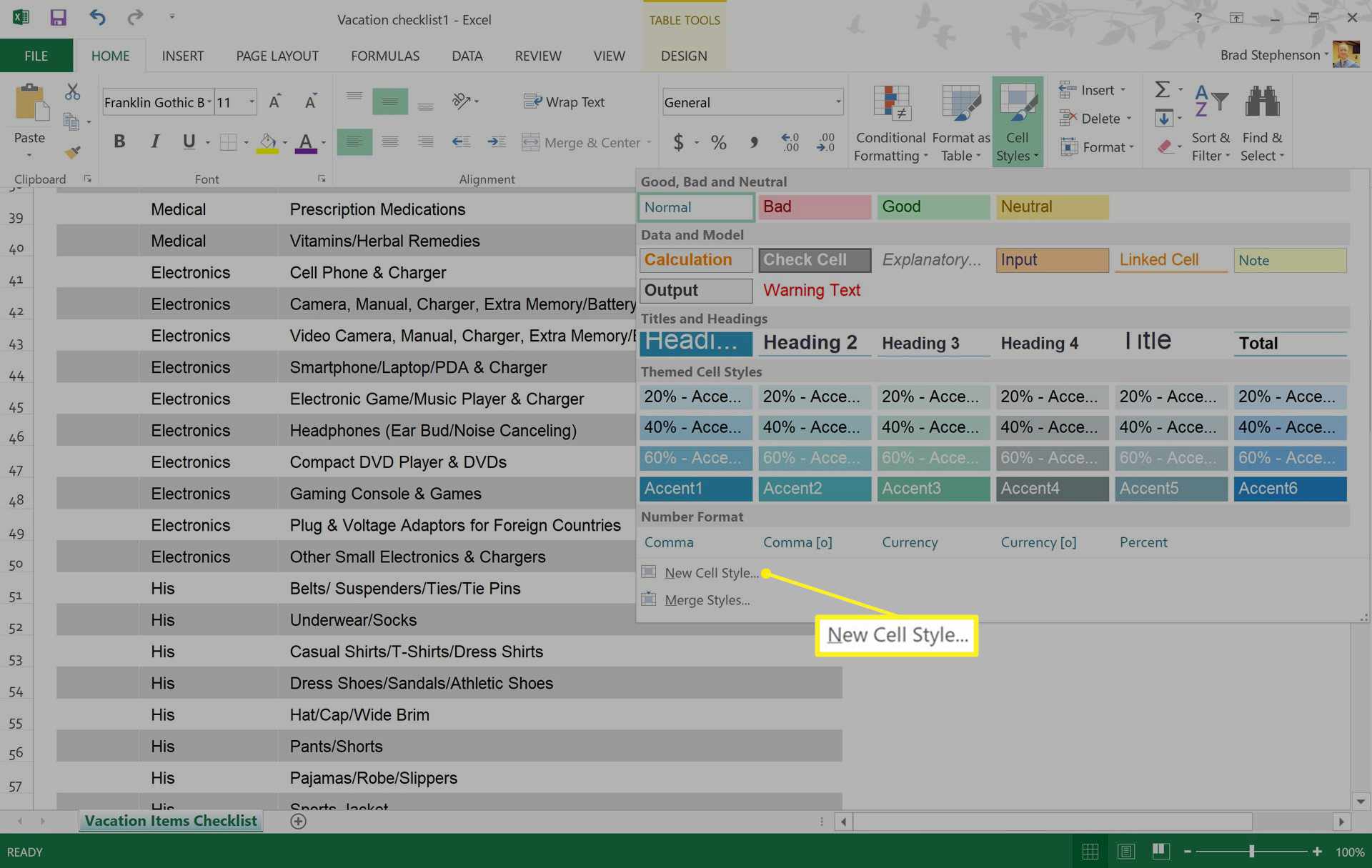 Ny stilstil markerad i Excel