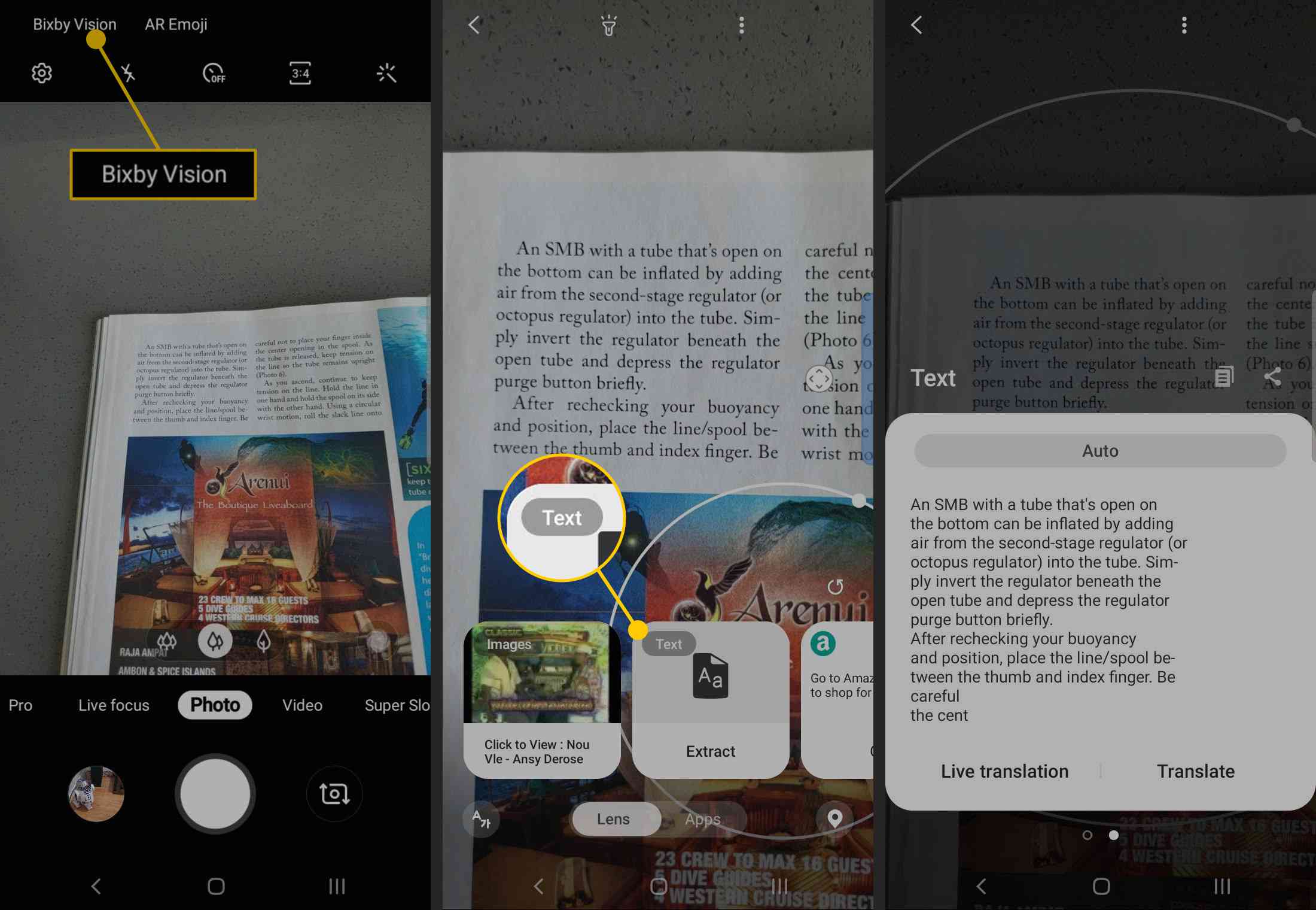 Bixby Vision-knapp och textkort på Android